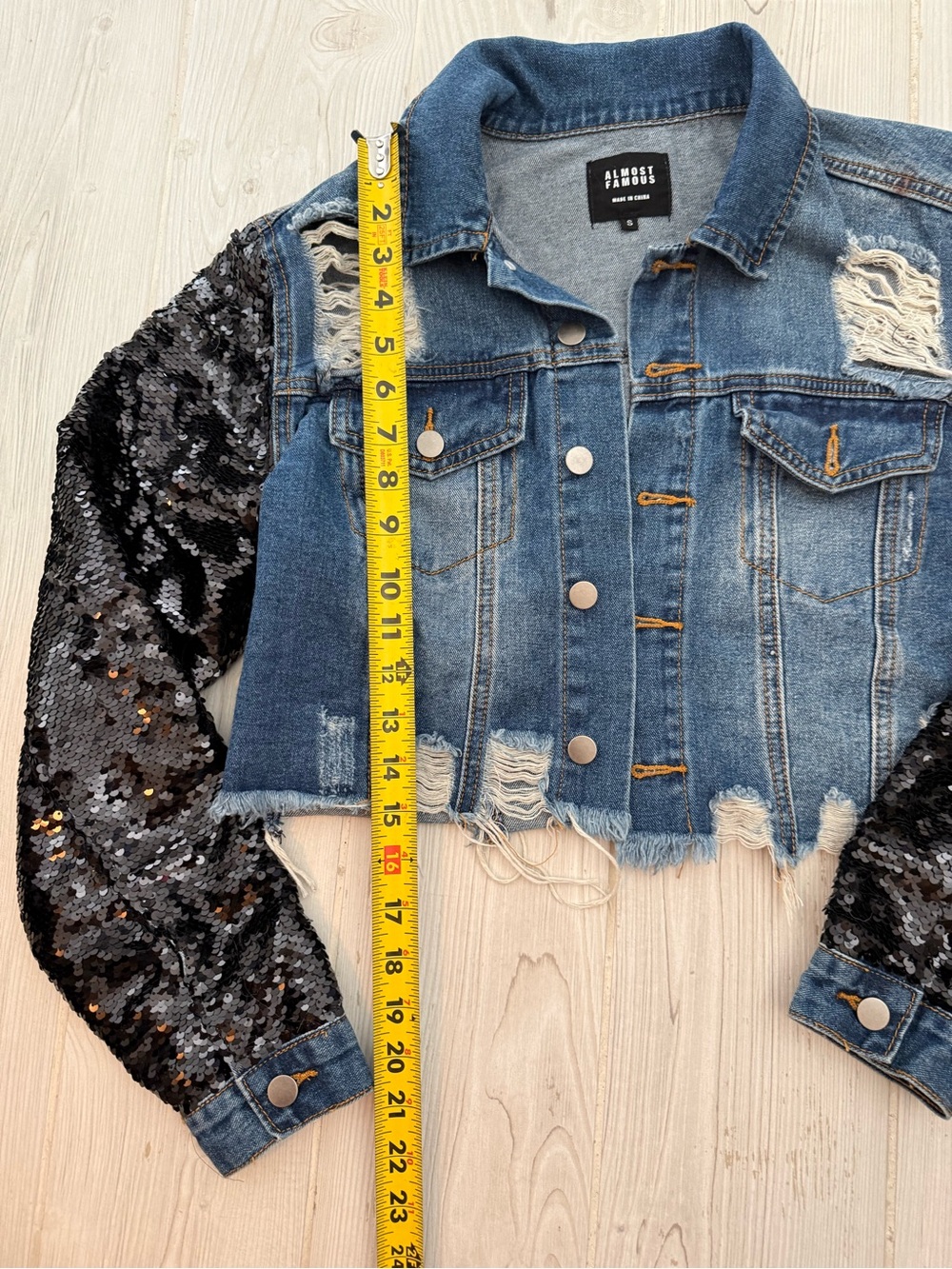 Cropped Denim Jacket With Sequin Sleeves - Picture 2 of 4